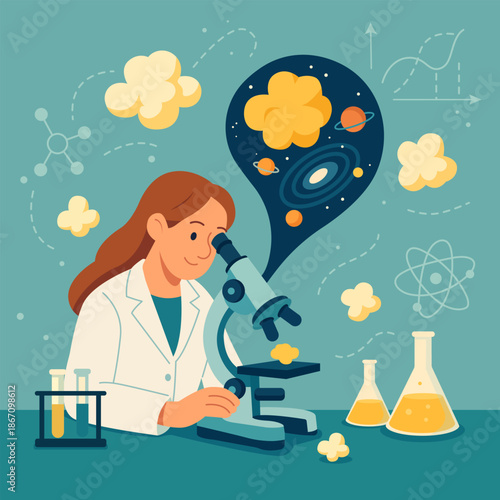 Female scientist working with microscope in laboratory while abstract popcorn shapes appear as visual metaphor. Flat vector illustration combining science, research and imaginative elements.