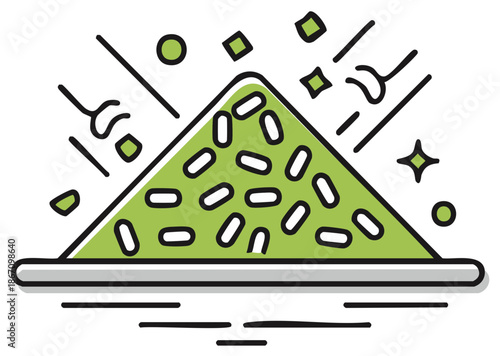 Delicious green condiment pile served on a grey plate with garnish sparkles in a vector art illustration