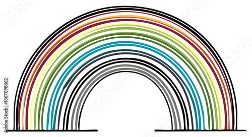 Vibrant hand-drawn rainbow with multiple colorful arcs on a white background