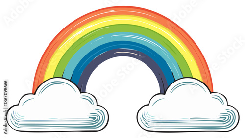 Colorful Rainbow and Clouds, Hand Drawn Illustration Style with Brush Stroke Texture, Vector Graphic