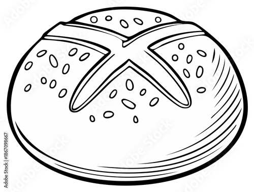 Hand Drawn Black and White Outline of a Round Bread Roll with Scoring