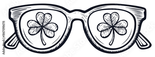 Hand Drawn Sunglasses with Reflected Clover Leaves for St. Patrick's Day Celebrations Line Art Illustration