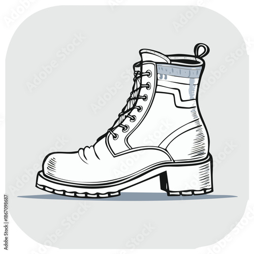 Hand-drawn sketch of a single black lace-up combat boot with a thick heel and distressed details.