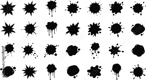 Black ink splatter silhouette collection with paint drops, grunge stains and splash shapes, abstract artistic elements isolated on white