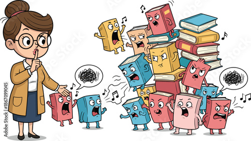 Woman in glasses pointing at animated books with various facial expressions and speech bubbles