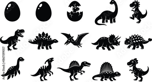 Cute dinosaur silhouette illustration set with eggs and prehistoric animals, kids cartoon dino icons collection isolated on white