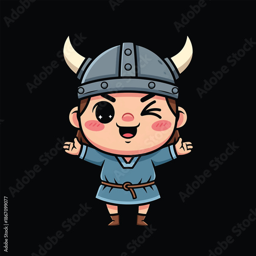 Adorable Cartoon Viking Character with Horned Helmet and Winking Eye.