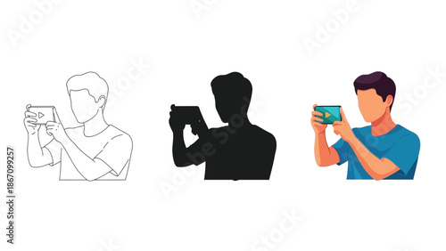 Collection of three male figures illustrating different styles of a person holding a smartphone horizontally to watch video content or play a mobile game.