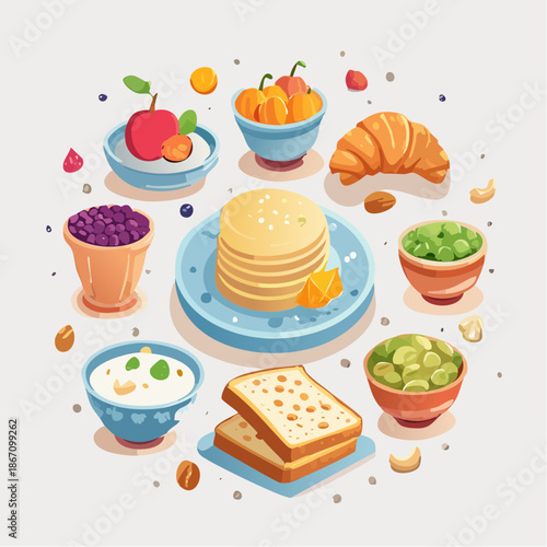 Vector illustration set of food and drink icons featuring cartoon breakfast meals, coffee, hamburgers, and sweet desserts like cupcakes and fruit in a restaurant style