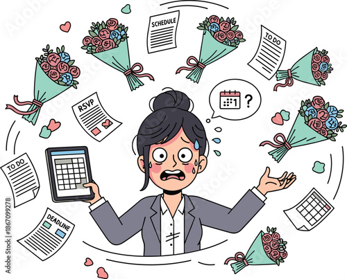 Woman overwhelmed by tasks and bouquets of flowers in a chaotic scene