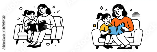 Mom and daughter enjoying reading time together in cozy setting