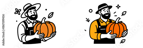 Farmers celebrating autumn harvest with pumpkins in a joyful activity