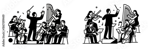 Orchestra performing a concert with diverse musicians and instruments