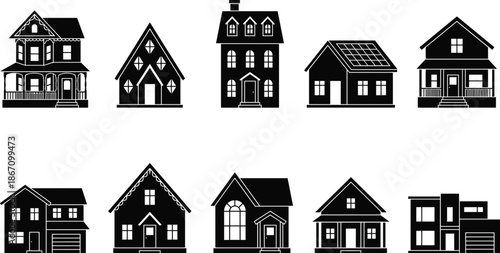 Black house and home building silhouettes set, residential architecture icons collection, minimal flat vector illustration isolated on white