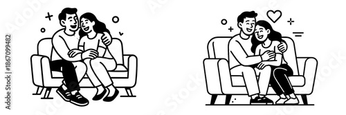 Couples enjoying cozy moments on the sofa in an illustration