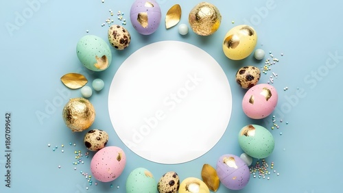 Pastel Easter Flat Lay: White Round Copy Space Surrounded by Patterned Eggs and Sprinkles on Blue Background