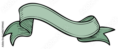 Hand drawn green vintage style empty banner ribbon with blank space for text