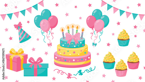 Cute birthday party illustration set with cake, balloons, gifts, cupcakes and bunting, colorful cartoon celebration elements isolated