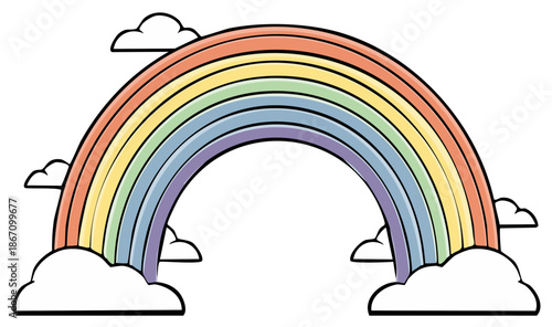 Vibrant Arching Rainbow with Fluffy Clouds Cartoon Style