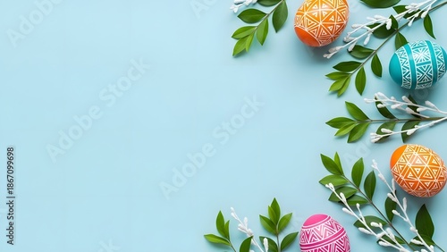 Vibrant Patterned Easter Eggs and Green Foliage Border on Light Blue Flat Lay with Copy Space