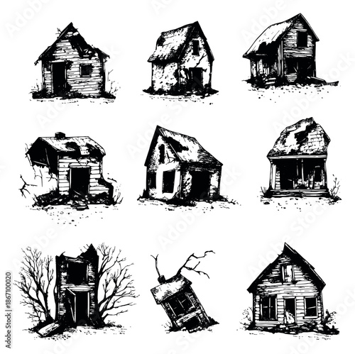 Hand drawn line art house set featuring old abandoned dilapidated buildings for Halloween themes