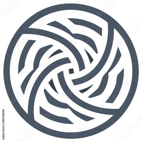 Circular celtic knot pattern with interwoven swirling lines and a central void creating a sense of motion