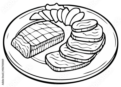 Detailed illustration of sliced roasted meat and thinly cut vegetables on a round plate