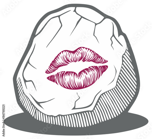 Graphic illustration with stylized red lips deeply etched into a rugged grey rock surface.