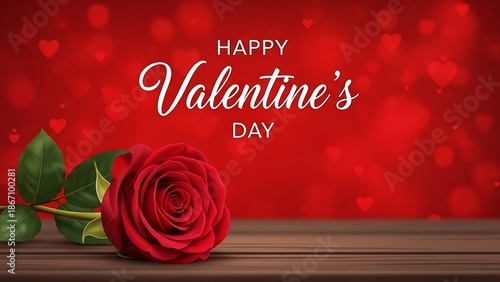 A vibrant red rose on a wooden table with a romantic bokeh heart background for valentine's day