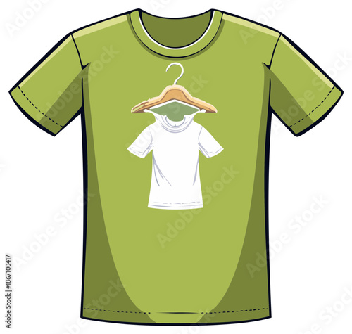 A green cartoon t shirt with a funny meta print of a tiny white shirt on a hanger