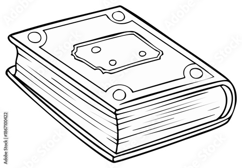 Closed Hardcover Book Illustration with Decorative Cover Details and Many Pages