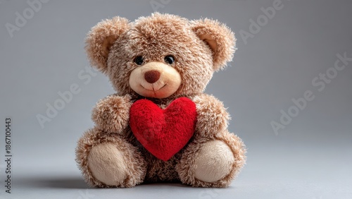 Adorable fluffy teddy bear holding a red plush heart on a neutral studio background, symbolizing love and affection and a perfect gift for Valentines Day.
