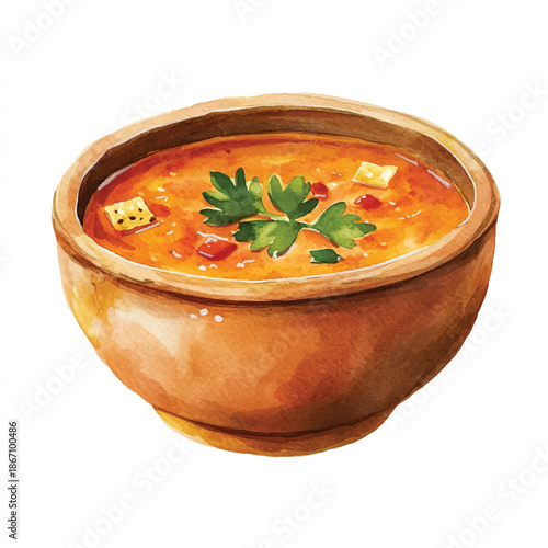Watercolor illustration of a rustic bowl filled with hearty vegetable soup.