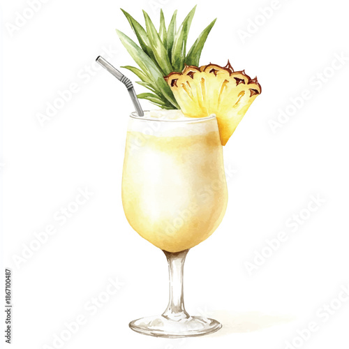 Watercolor illustration of a refreshing Pia Colada cocktail with pineapple garnish.