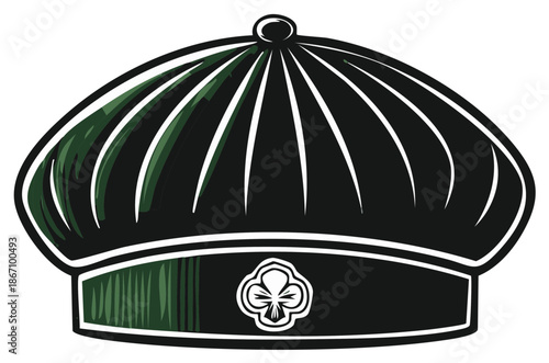 Classic Dark Green Beret Hat with Clover Emblem