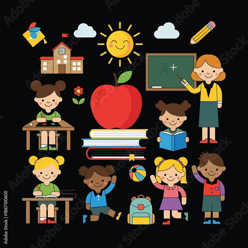 Back to School Illustration with Students, Teacher, and School Supplies.