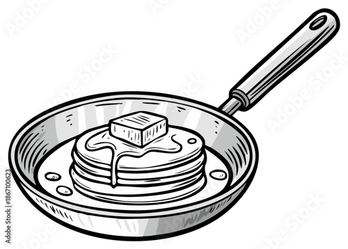 Stack of pancakes with butter and syrup in a frying pan illustration