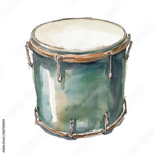 Watercolor illustration of a single drum with a teal body and white top.