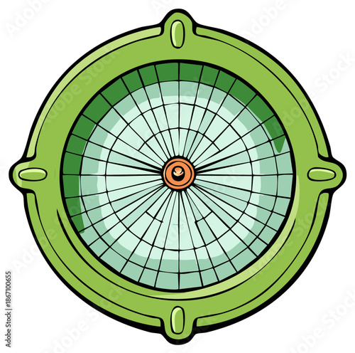 Green circular porthole window with radial grid pattern and orange center detail