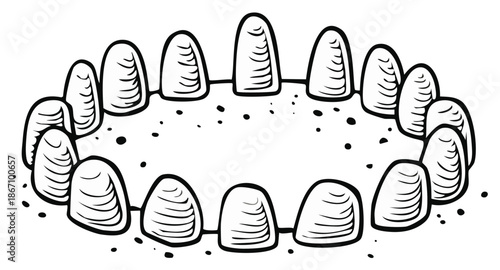 Mysterious stone circle in isolated cartoon drawing style, simple design, megaliths connected creating a magical place for ritual or druid gathering
