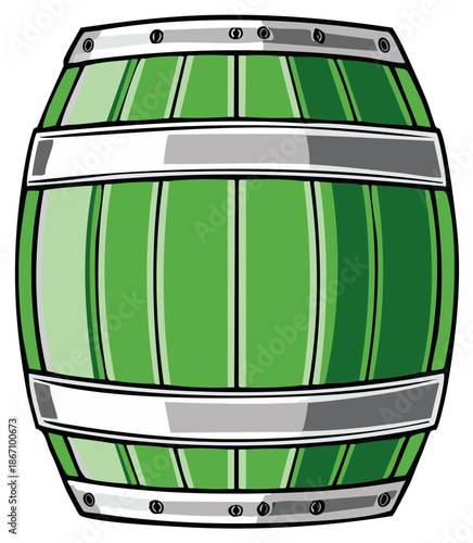 Green barrel illustration with metal hoops, classic container for storage and transportation, vector cartoon
