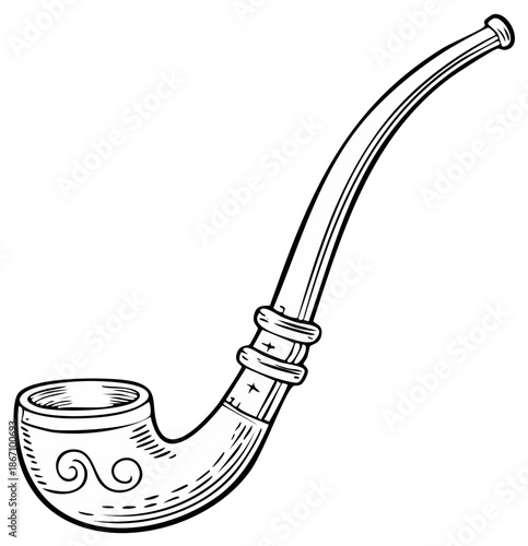 Black and white drawing of a classic smoking pipe with decorative swirls
