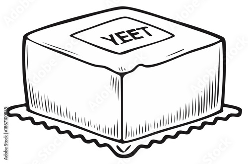 Hand drawn cartoon cube object with text YEET on top serving platter