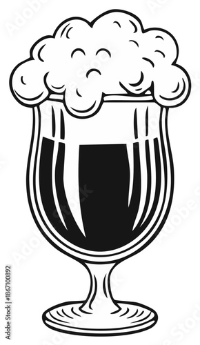 Black and white vector illustration of a dark craft beer in a goblet with a frothy head