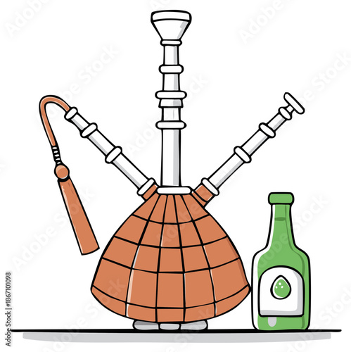 Cartoon illustration of a hookah with a bottle of drink.