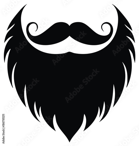 Detailed Black Beard and Moustache Illustration on White for Barbershop or Hipster Designs