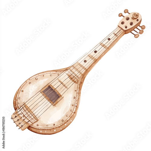 Watercolor illustration of a traditional Indian stringed musical instrument.