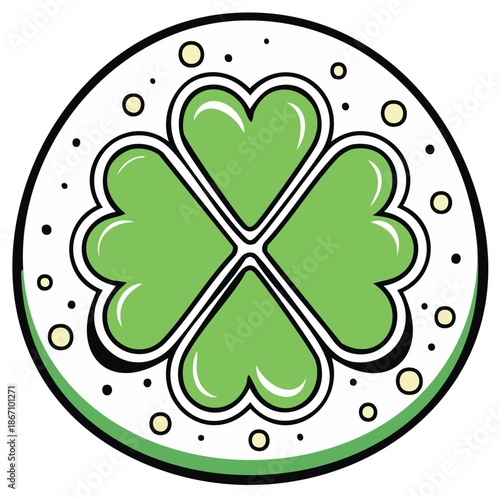 Vibrant green four leaf clover graphic symbol of luck and good fortune on a decorative circle design