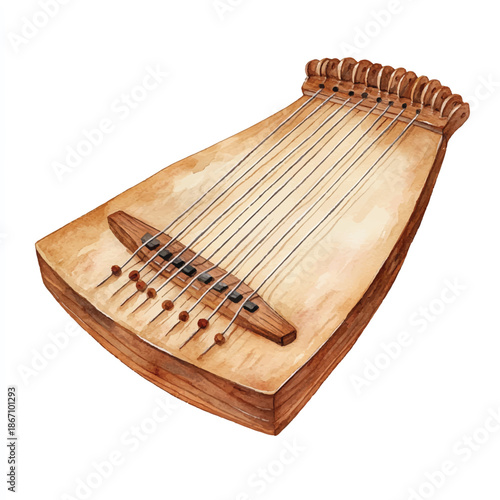 Watercolor Illustration of a Traditional Kantele Instrument.