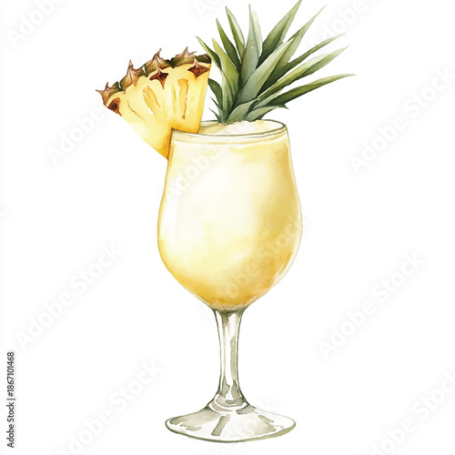 Watercolor illustration of a tropical Pina Colada cocktail.